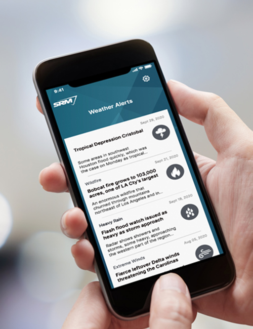 SRM weather app mobile mockup.